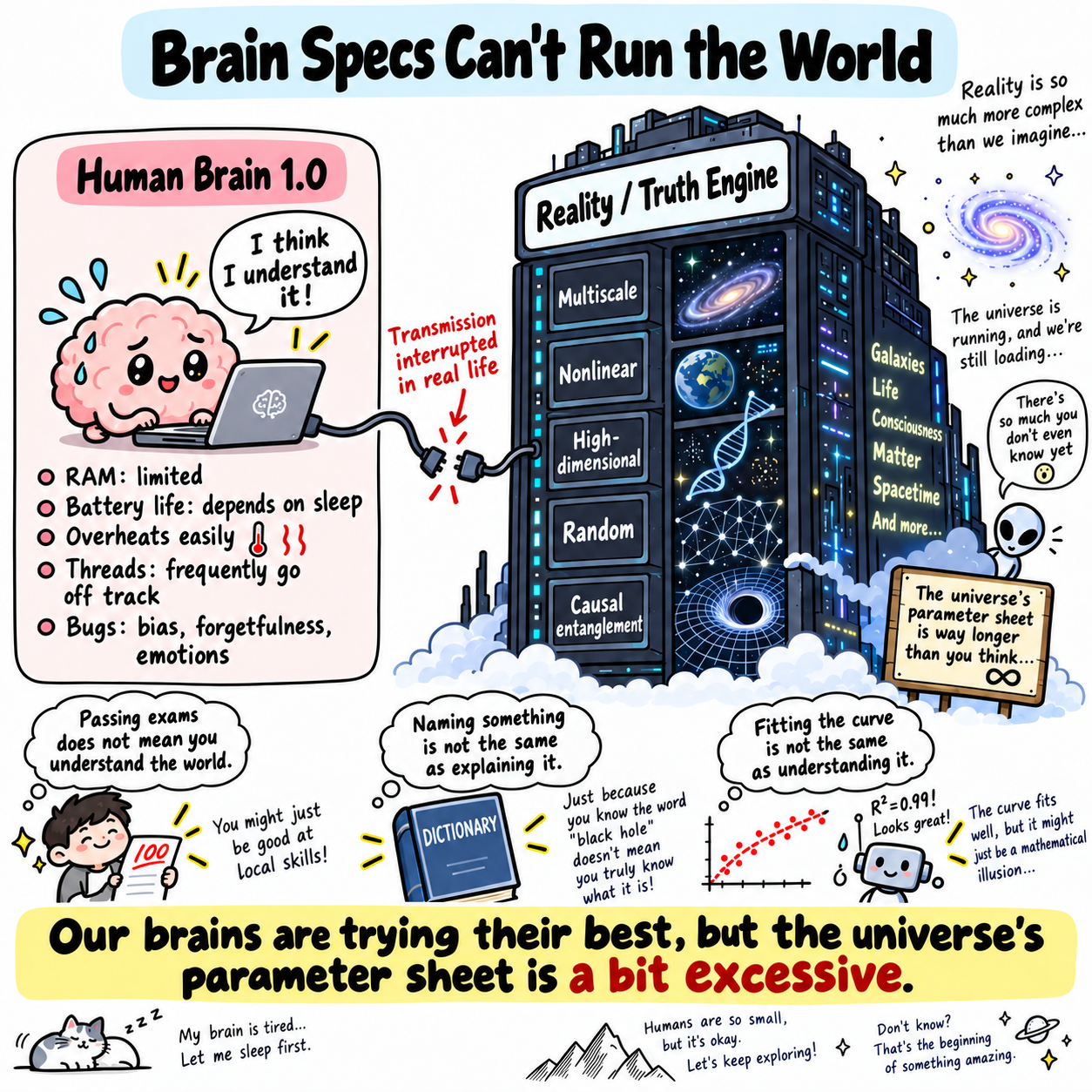 A small, tired cartoon brain tries to connect a laptop to an enormous reality engine, surrounded by reminders that names and curve fits are not complete explanations.