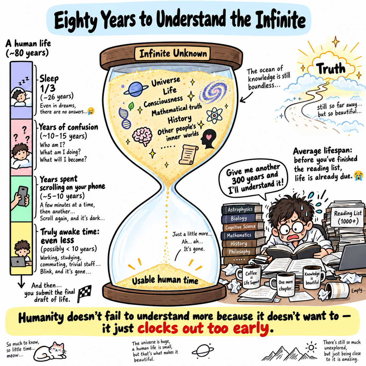 A giant hourglass contrasts a short human life and an overflowing reading list with questions about the universe, life, consciousness, and other people.